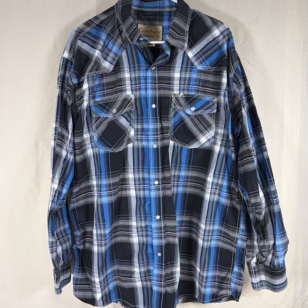 Cowboy Legend Men's 2XL Blue Black Plaid Pearl Snap Western Shirt Long Sleeve